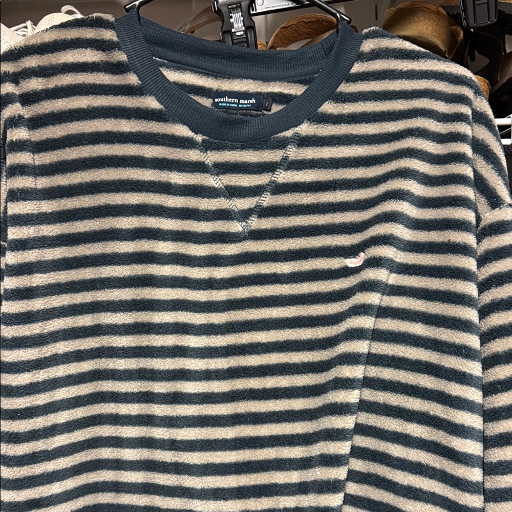 Southern Marsh Navy and Cream Striped Pullover large